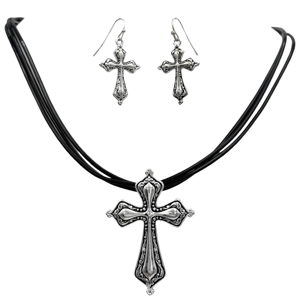 Christian Cross Silver Tone Pendant Black Rubber Cord Necklace Earrings Set